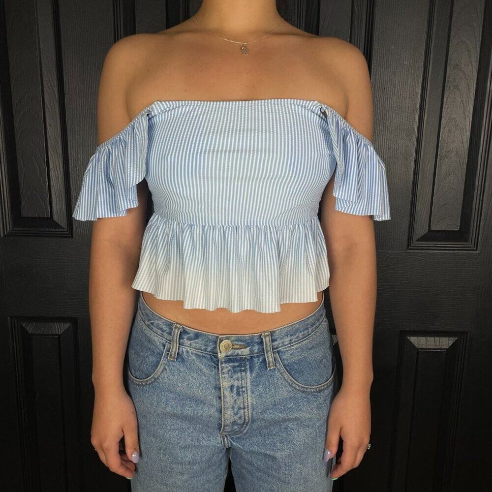 Preppy Off the Shoulder Ruffle Top